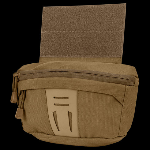 The Condor Draw Down Waist Pack Gen III is a tan tactical pouch with a zippered main compartment, front pocket, and Velcro back panel—ideal for first responders and law enforcement professionals.